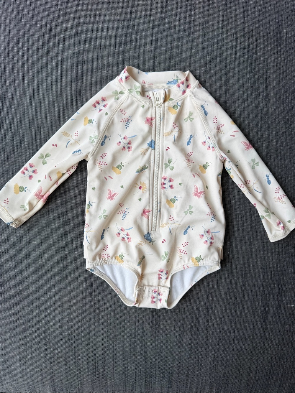 Kids Long-Sleeve One-Piece Rash Guard Swimsuit - Cream with Pastel Print